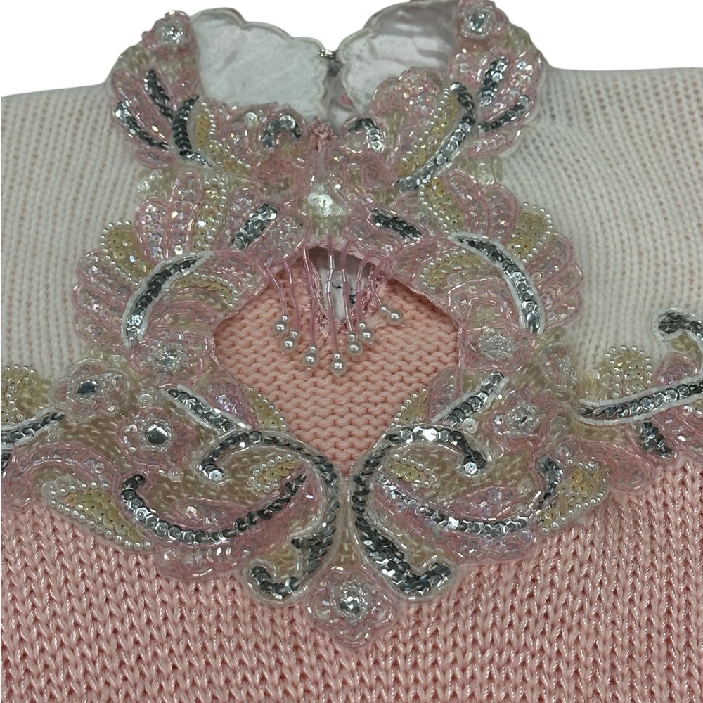 Vintage Marauda Wool Blend High Neck Sequin Bead Embellished Pink Sweater - Picture 4 of 8